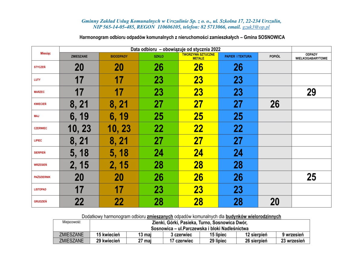 HARMONOGRAM ODBIORU ODPADÓW W 2022R Gmina Sosnowica