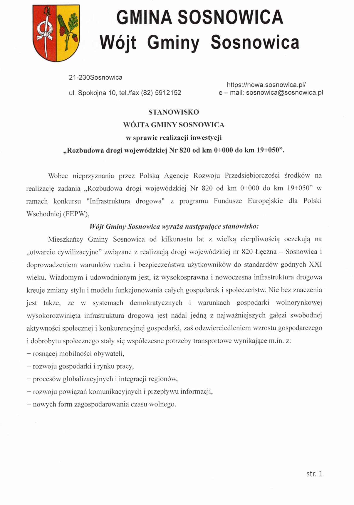 Stanowisko Wójta Gminy Sosnowica i Rady Gminy Sosnowica w sprawie realizacji inwestycji “Rozbudowa drogi wojewódzkiej Nr 820 od km 0+000 do km 19+050”