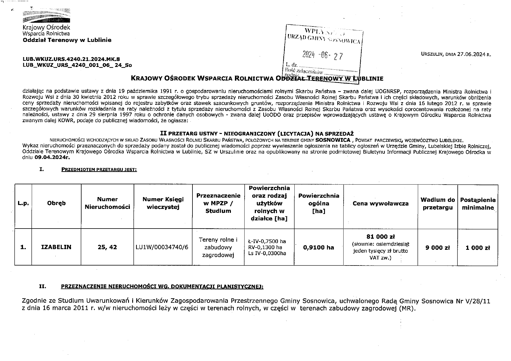 Ogłoszenie o przetargu nieograniczonym na sprzedaż nieruchomości Skarbu Państwa- 15.07.2024r.