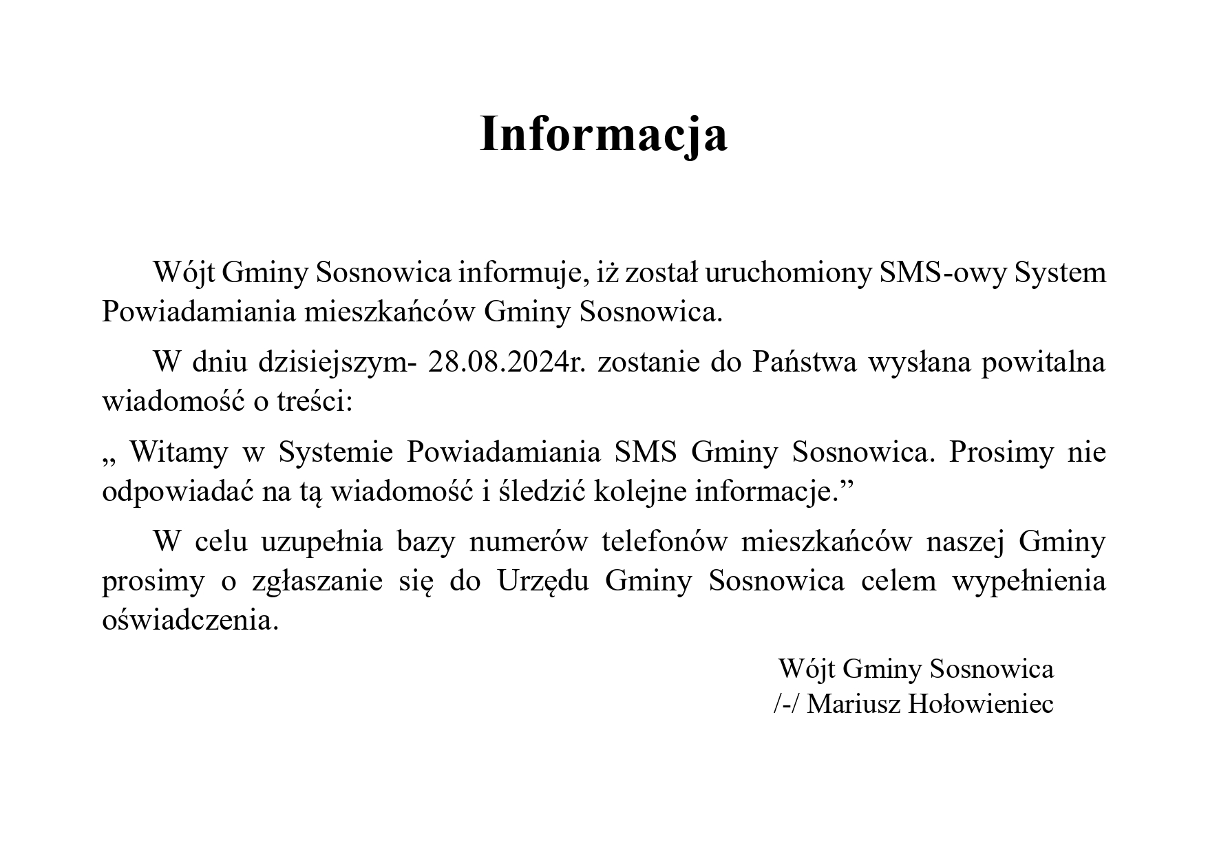 Uruchomienie SMS- owego Systemu Powiadamiania mieszkańców Gminy Sosnowica