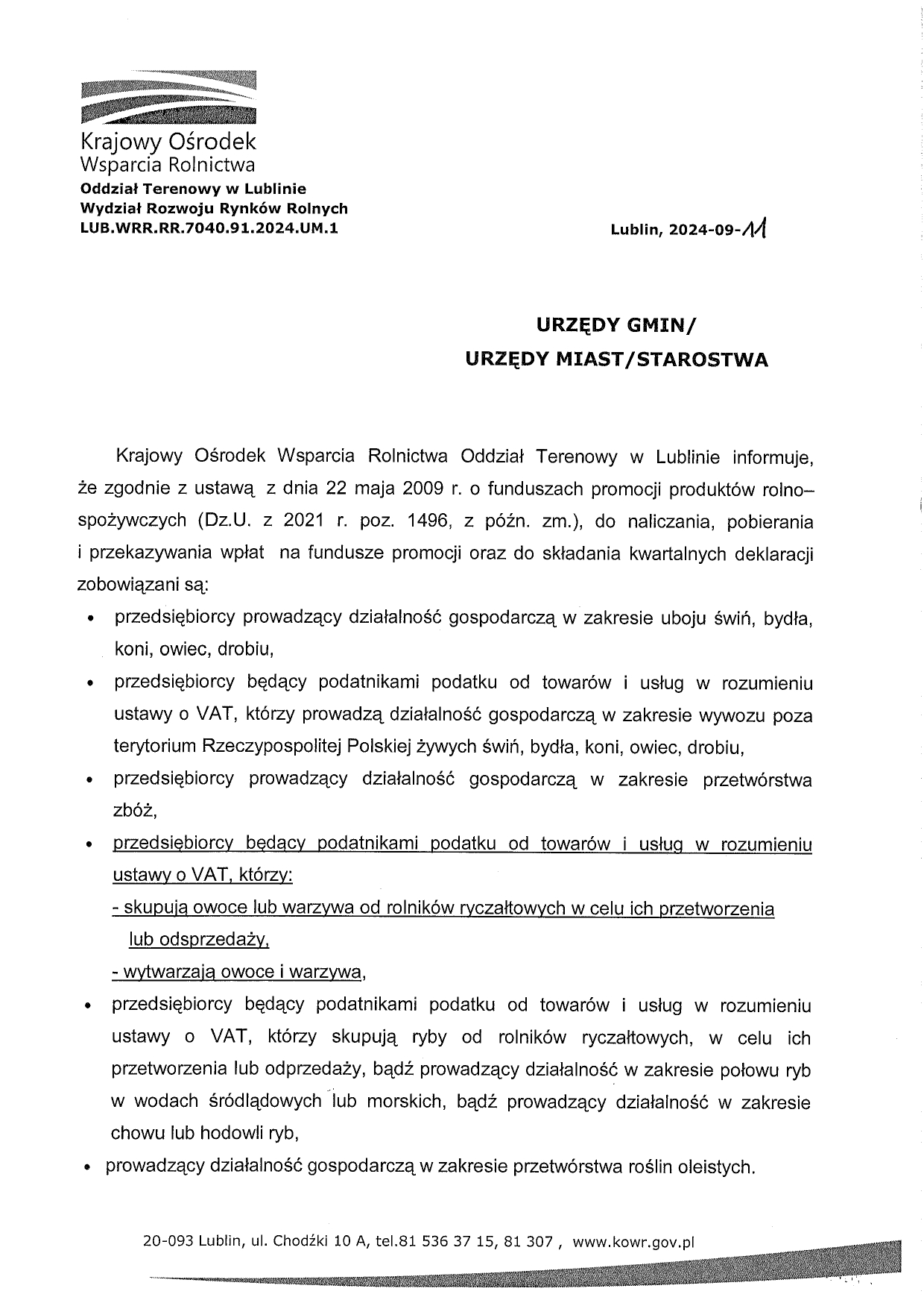 KOWR: Informacja w sprawie Funduszy Promocji Produktów Rolno-Spożywczych