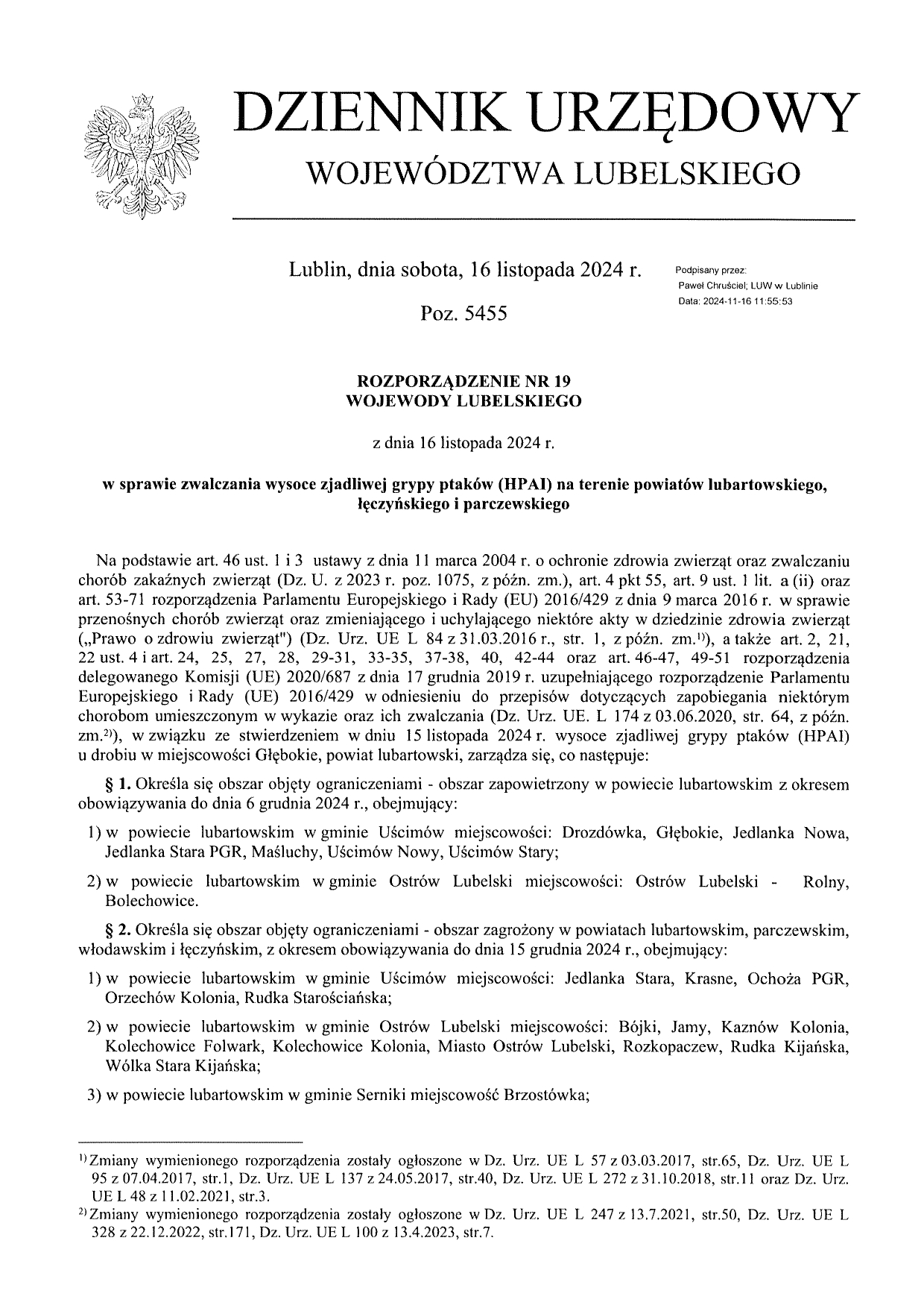 Informacje w sprawie grypy HPAI- Rozporządzenie Wojewody Lubelskiego nr 19 z 16 listopada 2024r.