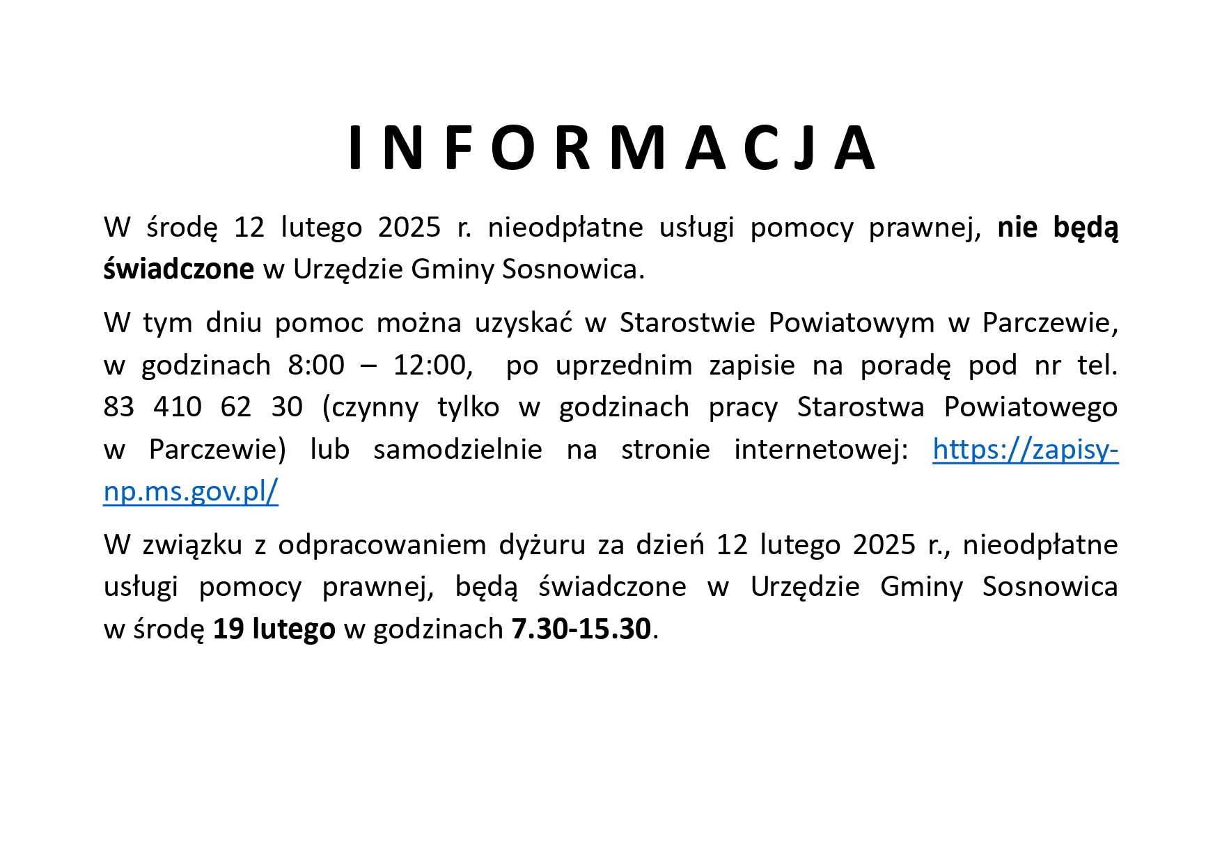 Brak dyżuru nieodpłatnej pomocy prawnej dnia 12 lutego- odpracowanie dyżuru w dniu 19 luty