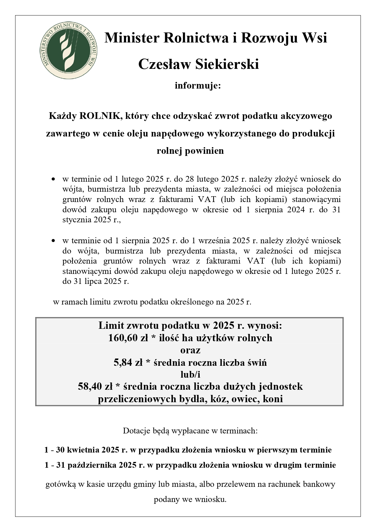 Informacja dla rolników dotycząca zasad zwrotu podatku akcyzowego zawartego w cenie oleju napędowego wykorzystywanego do produkcji rolnej w 2025 r.- nowy wniosek