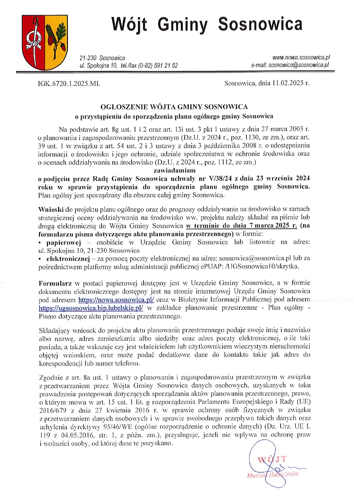 Ogłoszenie Wójta Gminy Sosnowica o przystąpieniu do sporządzenia planu ogólnego gminy Sosnowica