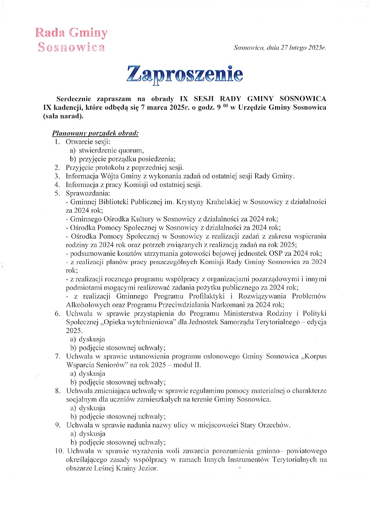 Informacja o IX Sesji Rady Gminy Sosnowica- 07.03.2025r.