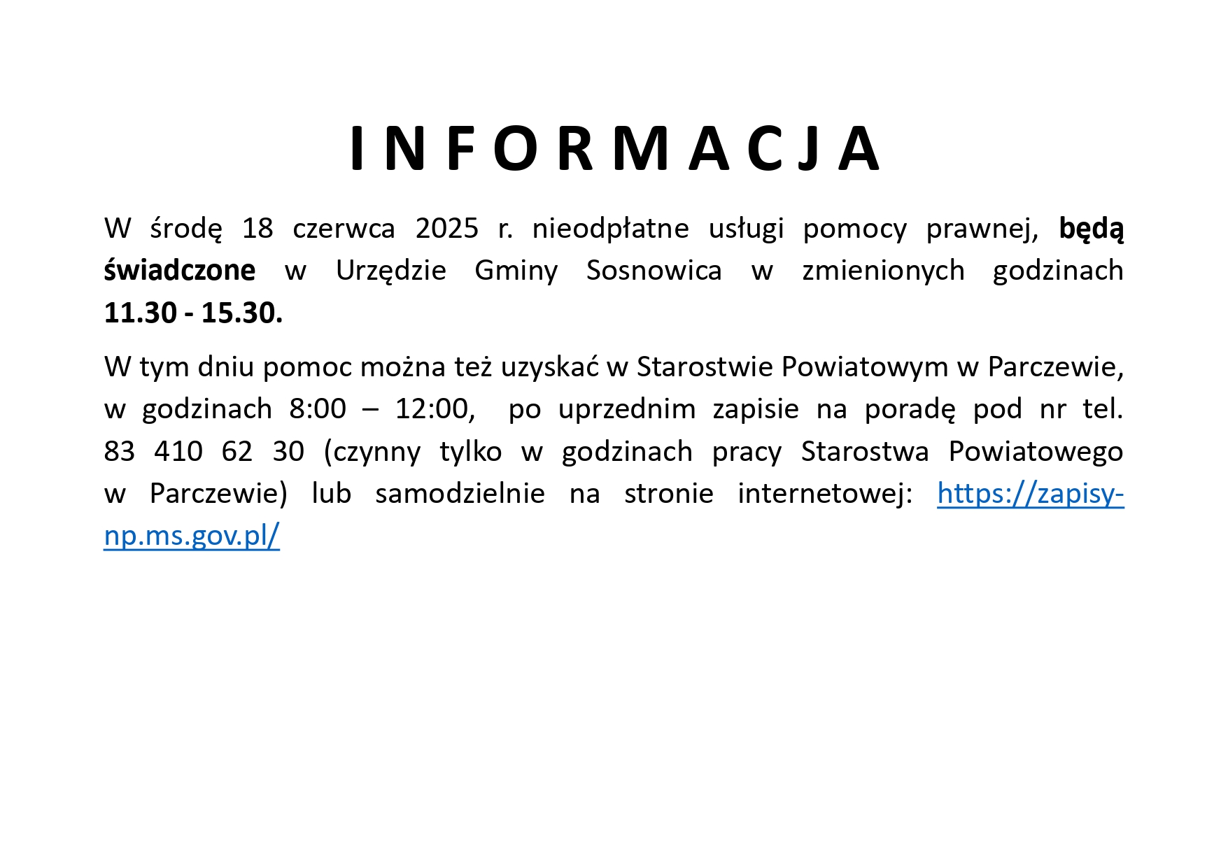 Informacja odnośnie nieodpłatnej pomocy prawnej