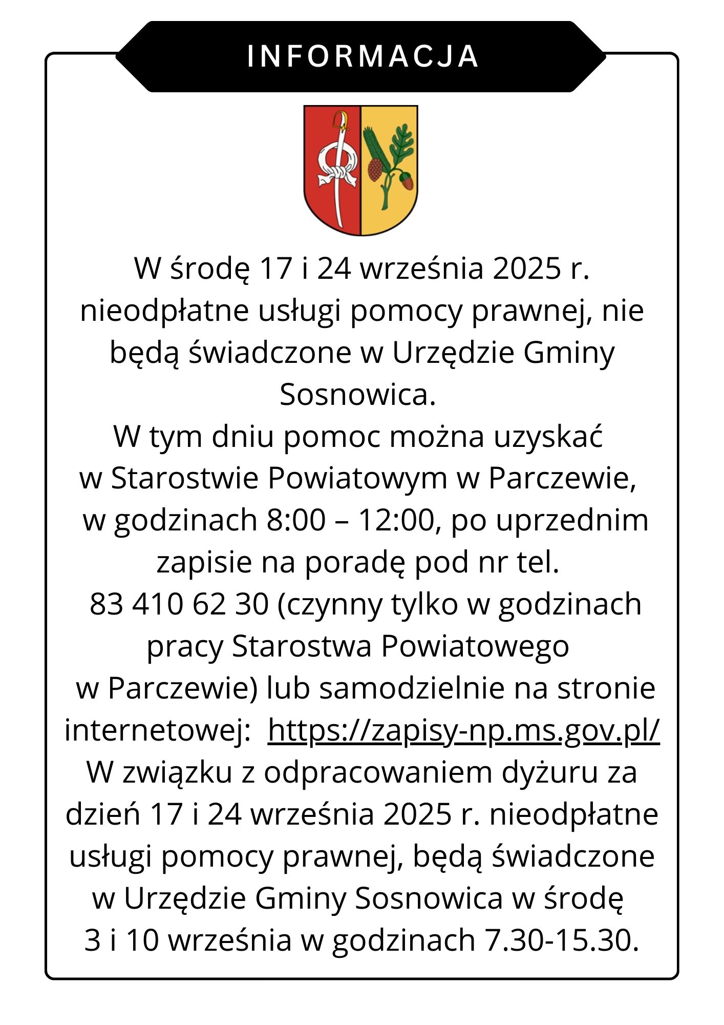Informacja nt. nieodpłatnych porad prawnych.