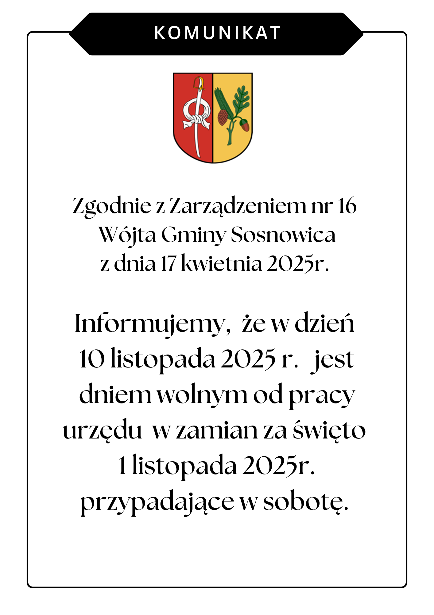 Komunikat w spr. dnia wolnego w zamian za święto przypadające w sobotę.