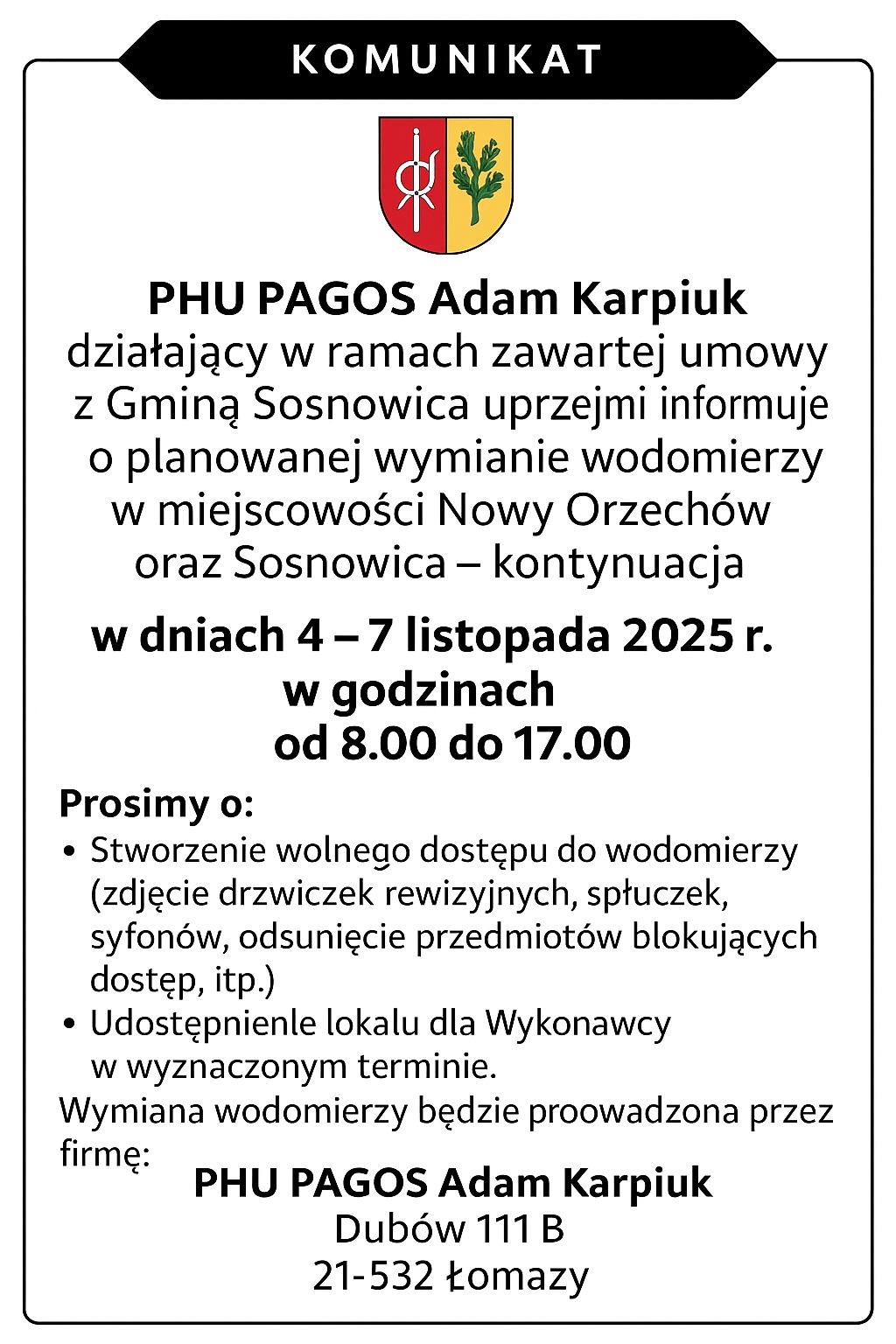 Ogłoszenie – Wymiana wodomierzy – Nowy Orzechów oraz Sosnowica – kontynuacja