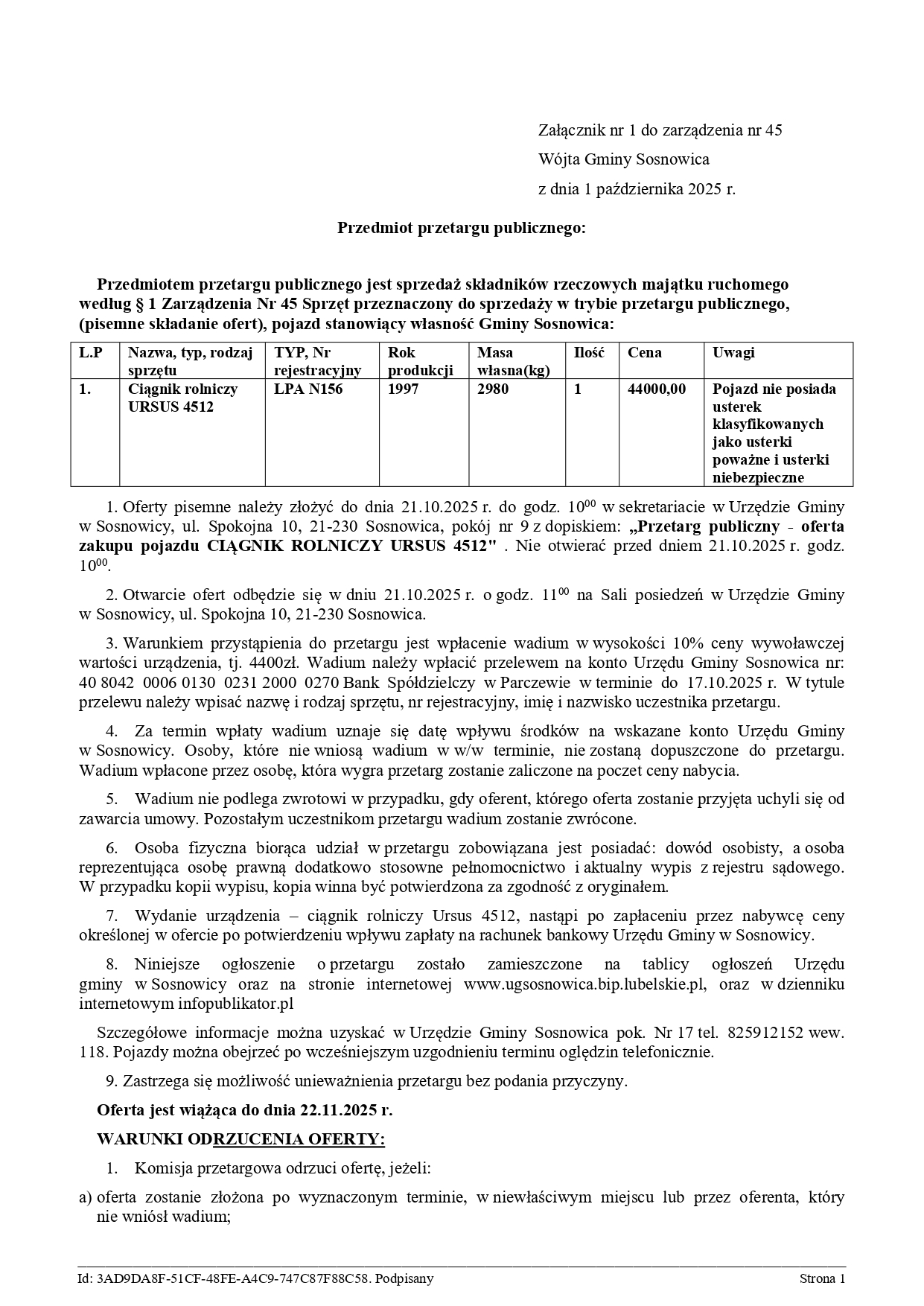 Informacja- sprzedaż pojazdu będącego własnością gminy Sosnowica- Ciągnika rolniczego URSUS 4512