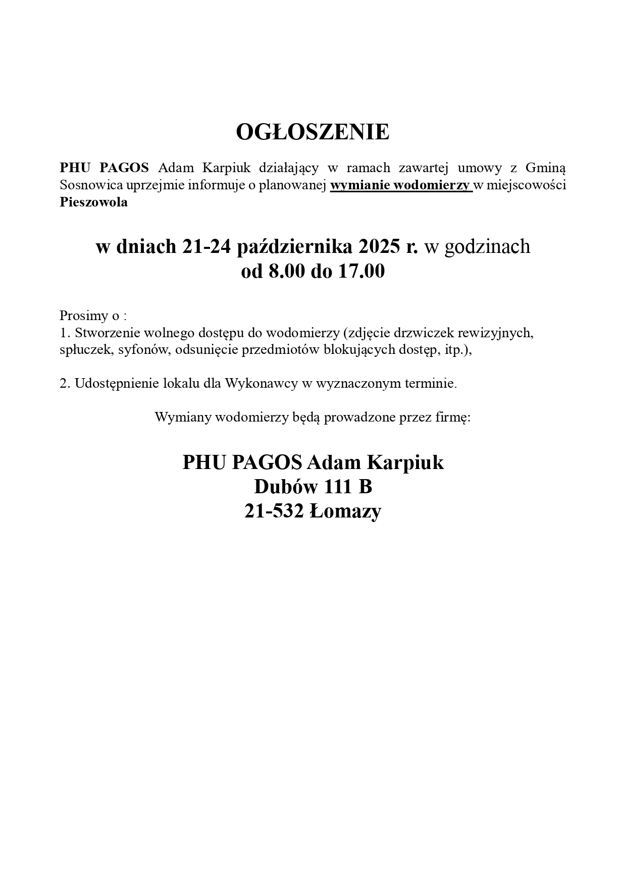 Ogłoszenie- wymiana wodomierzy w sołectwie Pieszowola 21.10.2025r.-24.10.2025r.