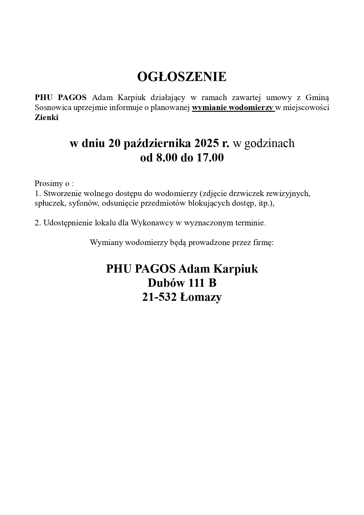 Ogłoszenie- wymiana wodomierzy w sołectwie Zienki dnia 20.10.2025r.