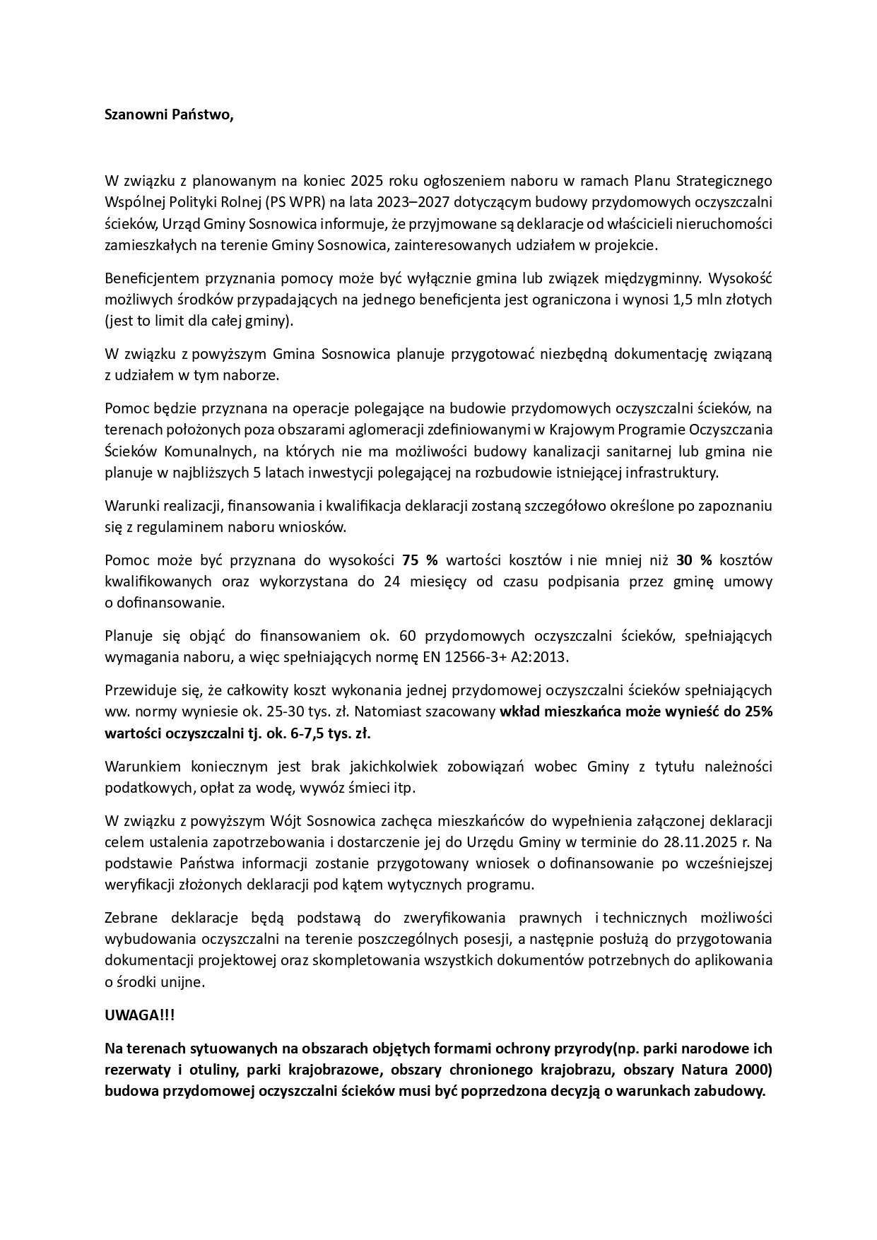 Ogłoszenie- nabór deklaracji w projekcie „Budowa przydomowych oczyszczalni ścieków na terenie gminy Sosnowica”