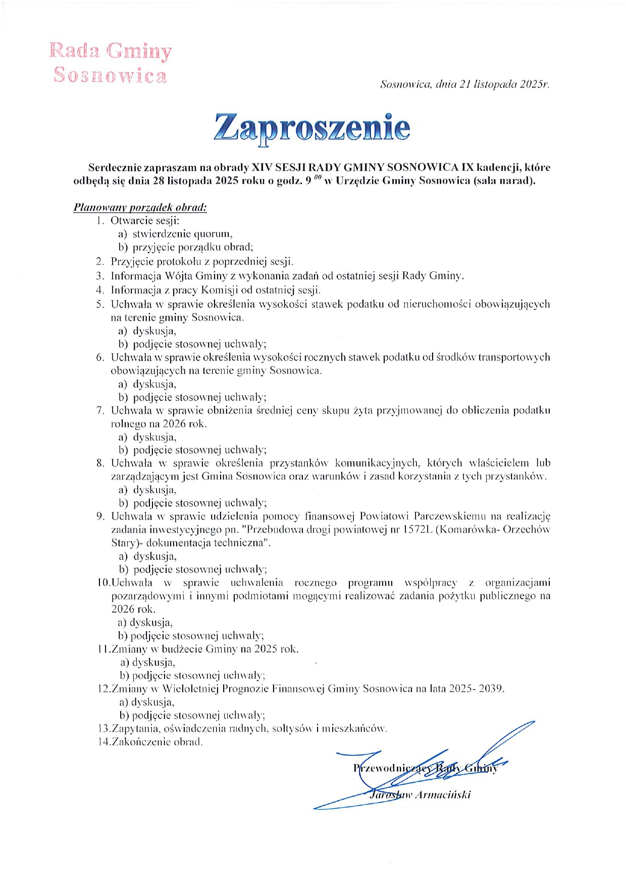 Informacja o XIV Sesji Rady Gminy Sosnowica- 28.11.2025r.