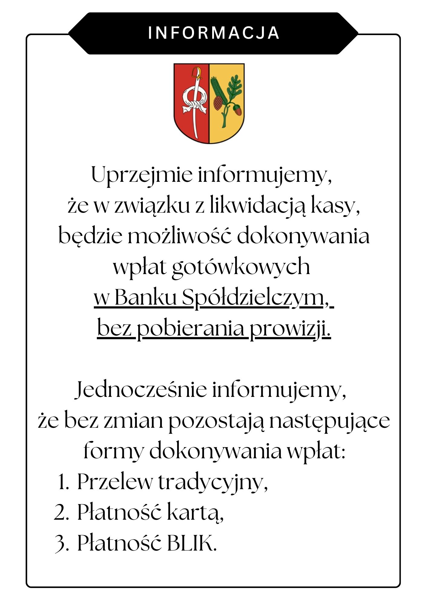 Informacja nt. wpłat gotówkowych.